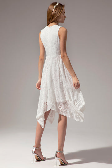 Asymmetrical White V-neck Lace Dress